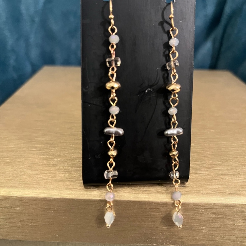 Gold Tone Beaded Dangle Earrings Long Delicate Neutral Drop